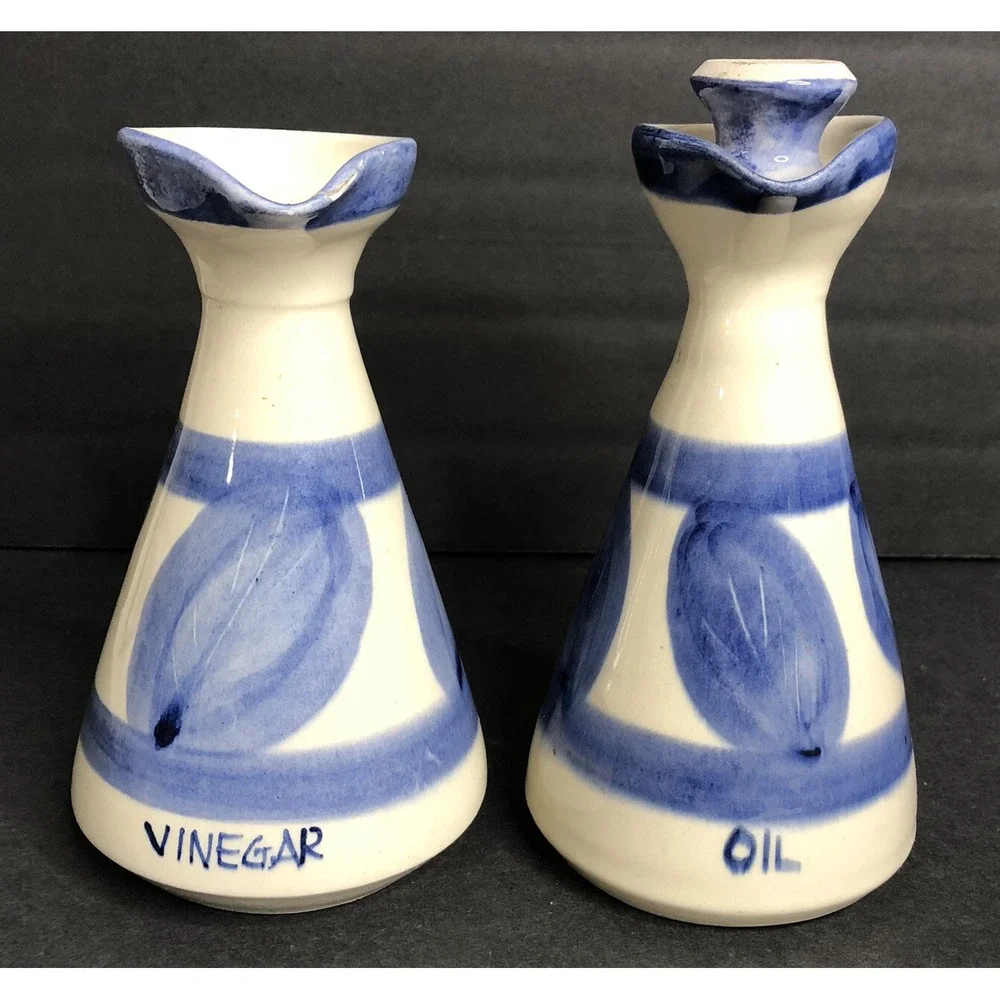 Corfu Pottery Vinegar & Oil Bottles Hand Made Blue and White Leaf Design READ